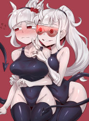 Rule 34 | 2girls, absurdres, bare shoulders, black one-piece swimsuit, blush, breasts, collarbone, demon girl, demon horns, demon tail, flirting, glasses, goggles, hair ornament, hairband, helltaker, highres, horns, huge filesize, long hair, looking at another, looking to the side, loremaster (helltaker), lucifer (helltaker), mole, mole under eye, mototoshi, multiple girls, one-piece swimsuit, ponytail, red-tinted eyewear, red-tinted glasses, red background, red eyes, short hair, smile, sunglasses, sweat, sweatdrop, swimsuit, tagme, tail, thighhighs, thighs, tinted eyewear, visor, white hair, yuri