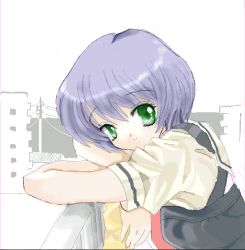 Rule 34 | 00s, air (visual novel), blue eyes, green eyes, kirishima kano, oekaki, school uniform, short hair, solo, toshi (little-fluffy-cloud)