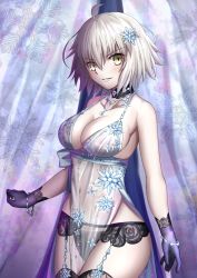 Rule 34 | 1girl, artoria pendragon (fate), artoria pendragon (lancer alter) (fate), artoria pendragon (lancer alter) (fate) (cosplay), artoria pendragon (lancer alter) (royal icing) (fate), artoria pendragon (lancer alter) (royal icing) (fate) (cosplay), black panties, black thighhighs, blue flower, blush, breasts, brown eyes, cleavage, collarbone, commentary request, cosplay, curtains, fate/grand order, fate (series), flower, garter belt, gloves, grey hair, hair between eyes, hair flower, hair ornament, head tilt, highres, jeanne d&#039;arc (fate), jeanne d&#039;arc alter (avenger) (fate), jeanne d&#039;arc alter (fate), jewelry, large breasts, lingerie, looking at viewer, mishiro (ixtlolton), necklace, official alternate costume, panties, parted lips, purple gloves, see-through, short hair, snowflake print, solo, thighhighs, underwear