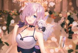 Rule 34 | 1girl, bare shoulders, blush, breasts, champagne flute, choker, cleavage, collarbone, cup, dress, drinking glass, fate/grand order, fate (series), fou (fate), gloves, hair ornament, hair over one eye, large breasts, light purple hair, looking at viewer, lucidsky, mash kyrielight, mash kyrielight (fgo x takarazuka kinen), official alternate costume, open mouth, purple eyes, purple gloves, sash, short hair, smile, white dress