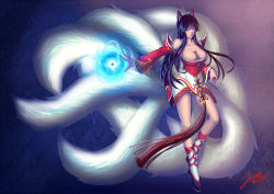 Rule 34 | 1girl, ahri (league of legends), animal ears, bare shoulders, black hair, braid, breasts, cleavage, collarbone, detached sleeves, energy ball, fingernails, fox ears, fox tail, glowing, korean clothes, large breasts, league of legends, long hair, multiple tails, orb, signature, solo, tail, x85219960, yellow eyes
