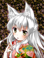 Rule 34 | 1girl, animal ears, chestnut mouth, female focus, floral print, fox ears, frilled kimono, frills, geso (nekomachi), japanese clothes, kimono, long hair, looking at viewer, original, solo, white hair, yellow eyes