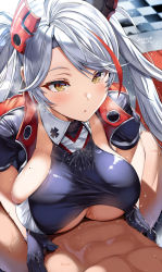 Rule 34 | 1boy, 1girl, azur lane, banned artist, belko, black gloves, breasts, bulge, closed mouth, cum, cum in clothes, dated, flying sweatdrops, gloves, hair ornament, highres, looking at another, motion lines, official alternate costume, paizuri, paizuri under clothes, prinz eugen (azur lane), prinz eugen (final lap) (azur lane), race queen, skindentation, twintails, white hair, yellow eyes