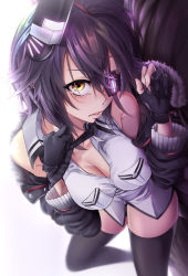 Rule 34 | 1girl, breasts, brown eyes, cleavage, highres, kantai collection, kid (artist), necktie, open clothes, tenryuu (kancolle), thighhighs, zettai ryouiki