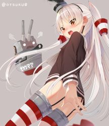 Rule 34 | 1girl, amatsukaze (kancolle), black hairband, black panties, blush, brown dress, brown eyes, covering ass, covering privates, dress, dx (dekusu), fingernails, grey background, hair tubes, hairband, highres, kantai collection, lifebuoy, long hair, long sleeves, looking at viewer, looking back, nose blush, open mouth, panties, rensouhou-kun, sailor dress, short dress, silver hair, smoke, smokestack, steam, striped clothes, striped thighhighs, sweat, swim ring, teeth, thighhighs, tilted headwear, twitter username, two side up, underwear, upper teeth only, very long hair