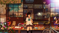 Rule 34 | 1girl, :x, acoustic guitar, aqua bow, aqua bowtie, arm at side, arm support, awakumo, beads, bicycle, black hair, black socks, blue flower, book, book stack, bottle, bow, bowtie, bug, building, butterfly net, cabinet, calendar (object), calico, cat, chair, cicada, closed mouth, cloud, coffee table, collarbone, collared shirt, commentary request, creature, cup, cushion, drawer, drawing (object), drink, drinking glass, electric fan, evening, film grain, flower, flower pot, food, fruit, grey skirt, guitar, hair ribbon, hand net, hand up, hanging light, highres, holding, holding food, insect, instrument, kneehighs, kunreishiki, light switch, looking at viewer, loose neckwear, morning glory, original, outdoors, phone, pink flower, plaid, plaid skirt, plant, plate, pleated skirt, popsicle, potted plant, power lines, purple flower, ramune, red flower, red ribbon, reflection, ribbon, romaji text, school uniform, shirt, short hair, short sleeves, sitting, skirt, sky, sliding doors, socks, solo, stuffed animal, stuffed toy, summer, table, tassel, tatami, teddy bear, trellis, utility pole, veranda, vines, virtual youtuber, watermelon, watermelon seeds, white shirt, window blinds, wing collar, yellow flower, zabuton