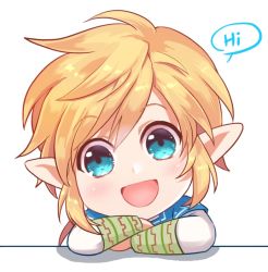 Rule 34 | 1boy, :d, asymmetrical bangs, blonde hair, blue eyes, chibi, commentary request, crossed arms, english text, green shirt, jokanhiyou, link, long sleeves, looking at viewer, male focus, nintendo, open mouth, pointy ears, shirt, simple background, smile, solo, speech bubble, the legend of zelda, white background