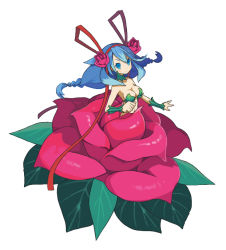 Rule 34 | 1girl, alraune, arm guards, artist request, blue eyes, blue hair, bra, bracer, braid, breasts, choker, cleavage, clenched hand, flower, full body, green bra, green choker, hair flower, hair ornament, hair ribbon, leaf, matching hair/eyes, midriff, monster girl, navel, pink flower, pixiv15072821, plant, plant girl, red ribbon, ribbon, solo, the witch and the hundred calvarymen, underwear, v-shaped eyebrows, white background