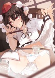 Rule 34 | 1girl, absurdres, blouse, bow, bow panties, brown hair, chair, closed mouth, clothes lift, commentary request, cup, drink, drinking glass, elbow rest, flashing, foreshortening, glass table, hair between eyes, hands up, hat, highres, holding, holding pencil, kagami toufu, leaning to the side, lifted by self, looking to the side, mechanical pencil, medium hair, navel, neck ribbon, notebook, panties, pencil, pointy ears, pom pom (clothes), red eyes, ribbon, shameimaru aya, shirt, short sleeves, sidelocks, sitting, skirt, skirt lift, smile, solo, stomach, table, thighhighs, tokin hat, touhou, underwear, white panties