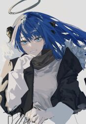 Rule 34 | 1girl, arknights, black jacket, black scarf, blue eyes, blue hair, commentary request, floating hair, fur-trimmed jacket, fur trim, hair between eyes, halo, highres, hjm matsukasa, horns, jacket, long hair, looking at viewer, mostima (arknights), open clothes, open jacket, scarf, shirt, sketch, smile, solo, white shirt