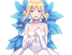 Rule 34 | 1girl, :d, alternate costume, antenna hair, artoria pendragon (all), artoria pendragon (fate), bare shoulders, blonde hair, blue flower, blush, braid, breasts, choker, cleavage, collarbone, crown braid, dress, elbow gloves, fate/grand order, fate (series), flower, gloves, green eyes, hair between eyes, hand on own chest, highres, lily (flower), looking at viewer, medium breasts, open mouth, outstretched hand, saber (fate), short hair, sidelocks, sii artatm, simple background, sleeveless, sleeveless dress, smile, solo, strapless, strapless dress, upper body, wedding dress, white background, white choker, white dress, white gloves