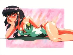 Rule 34 | 1990s (style), 1girl, blush, breasts, head rest, long hair, lying, masaki aeka jurai, on side, one-piece swimsuit, pink background, purple hair, red eyes, retro artstyle, solo, swimsuit, tenchi muyou!