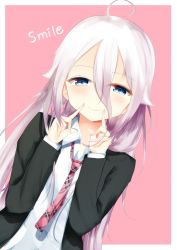 Rule 34 | 1girl, ahoge, aties20, black jacket, blue eyes, blush, closed mouth, collared shirt, commentary request, dress shirt, dutch angle, english text, fingernails, fingersmile, gradient hair, hair between eyes, hair flaps, ia (vocaloid), jacket, long hair, long sleeves, multicolored hair, necktie, open clothes, open jacket, pink background, plaid necktie, plaid neckwear, purple hair, red necktie, shirt, silver hair, smile, solo, two-tone background, very long hair, vocaloid, white background, white shirt