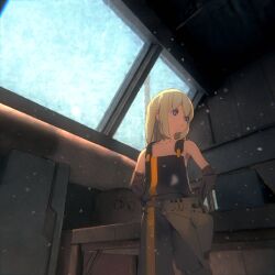 Rule 34 | + +, 1girl, black jumpsuit, blonde hair, blue eyes, bright pupils, elbow gloves, gloves, highres, indoors, jumpsuit, light particles, medium hair, original, parted lips, ryo chimo, solo, table, tool belt, white pupils, window, workshop