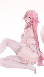 Rule 34 | 1girl, absurdres, animal ears, artist name, bra, breasts, commentary, fox ears, fox tail, from side, garter belt, genshin impact, highres, lart art1, lingerie, long hair, looking at viewer, medium breasts, parted lips, pink hair, purple eyes, simple background, solo, tail, teeth, thighhighs, underwear, underwear only, very long hair, white background, white bra, white garter belt, white thighhighs, yae miko