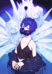 Rule 34 | 1girl, absurdres, angel, black jacket, blue background, blue eyes, blue hair, blue theme, breasts, camisole, collarbone, commentary request, covered mouth, crop top, dripping, frills, gas mask, hair between eyes, highres, huge filesize, jacket, long sleeves, looking at viewer, mask, navel, off shoulder, original, own hands together, scar, short hair, sleeveless, small breasts, solo, spaghetti strap, statue, symbol-only commentary, takeno (hashi falcon), upper body