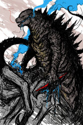 Rule 34 | blood, blood from mouth, blue blood, bug, colored smoke, dragon, english text, giant, giant monster, godzilla, godzilla (2014), godzilla (series), highres, holding head, kaijuu, legendary pictures, monster, monsterverse, multiple legs, muto (godzilla), muto female, no humans, open mouth, red eyes, scales, severed head, sketch, smoke, spaghettibastard, spikes, spines, tail, toho, yellow eyes