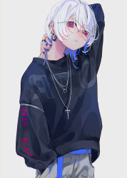 Rule 34 | 1girl, absurdres, arm behind head, black nails, blue hair, cross, cross necklace, ear piercing, earrings, grey pants, hand in pocket, highres, jewelry, looking at viewer, multicolored hair, nail polish, necklace, original, pants, piercing, red eyes, ring, ritao kamo, short hair, simple background, solo, upper body, white background, white hair