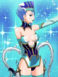 Rule 34 | 10s, 1girl, bare shoulders, blue eyes, blue hair, blue rose (tiger &amp; bunny), breasts, cleavage, earrings, elbow gloves, female focus, gloves, gradient background, hat, jewelry, karina lyle, kkr, lipstick, makeup, matching hair/eyes, short hair, solo, superhero costume, thighhighs, tiger &amp; bunny