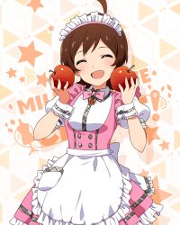 Rule 34 | 1girl, :d, ahoge, apple, apron, blush, bow, bowtie, brown hair, butterfly ornament, closed eyes, cowboy shot, dot nose, dress, flipped hair, food, frilled apron, frilled skirt, frills, fruit, hair between eyes, hands up, holding, holding food, holding fruit, idolmaster, idolmaster million live!, idolmaster million live! theater days, kinoshita hinata, maid headdress, official alternate costume, official art, open mouth, pink bow, pink bowtie, pink dress, pretty waitress (idolmaster), puffy short sleeves, puffy sleeves, red apple, shirt, short hair, short sleeves, sidelocks, skirt, smile, solo, standing, star (symbol), starry background, straight-on, thighhighs, upper body, waist apron, waitress, white apron, white shirt, white thighhighs, wrist cuffs