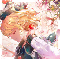 Rule 34 | 1girl, arm up, black hat, blonde hair, closed eyes, closed mouth, commentary request, crescent, crescent earrings, earrings, flower, frilled hat, frilled shirt collar, frills, hat, jewelry, long sleeves, lunasa prismriver, medium hair, petals, pink flower, smile, solo, swept bangs, tocope, touhou, upper body, white sleeves