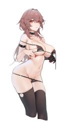 Rule 34 | 1girl, arm strap, azur lane, bare arms, bare shoulders, bikini, black bikini, black choker, black gloves, black thighhighs, breasts, brown hair, choker, cleft of venus, closed mouth, cropped legs, duca degli abruzzi (azur lane), eiroyi, gloves, hair between eyes, highres, large breasts, long hair, looking at viewer, mole, mole on breast, mole under eye, nail polish, navel, pussy, red eyes, red nails, see-through, simple background, single glove, solo, stomach, strap slip, string bikini, swimsuit, thighhighs, white background