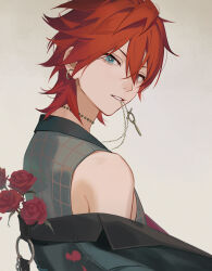 Rule 34 | 1boy, amagi rinne, blue eyes, earrings, ensemble stars!, eyokiki, flower, grey background, jewelry, looking at viewer, looking back, male focus, mouth hold, necklace, off shoulder, open mouth, red flower, red hair, red rose, rose, short hair, simple background, single bare shoulder