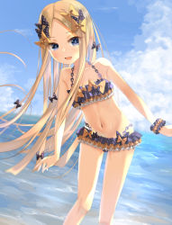 Rule 34 | 1girl, abigail williams (emerald float) (fate), abigail williams (fate), bare shoulders, bikini, black bikini, black bow, black skirt, blonde hair, blue eyes, blue sky, blush, bow, breasts, collarbone, emerald float, fate/grand order, fate (series), forehead, frilled bikini, frills, highres, long hair, looking at viewer, microskirt, multiple bows, navel, ocean, official alternate costume, open mouth, orange bow, parted bangs, polka dot, polka dot bow, sakazakinchan, shore, sidelocks, skirt, sky, small breasts, smile, solo, swimsuit, thighs, very long hair