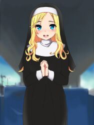 Rule 34 | 1girl, :d, blonde hair, blue eyes, blush, highres, long hair, looking at viewer, nun, open mouth, original, own hands together, pixelated, smile, solo, ta (tama20150125), teeth, traditional nun, veil