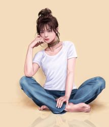 Rule 34 | 1girl, barefoot, brown hair, choker, denim, head on hand, highres, indian style, jeans, leaning to the side, looking at viewer, original, pacts with satan, pants, realistic, serious, shirt, sitting, t-shirt, toes, white shirt