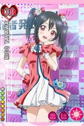 Rule 34 | 10s, 1girl, :d, black hair, bow, card (medium), character name, dress, hair bow, hand on own cheek, hand on own face, love live!, love live! school idol festival, love live! school idol project, official art, open mouth, red eyes, smile, solo, twintails, wrist cuffs, yazawa nico