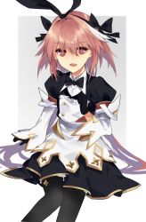 Rule 34 | 1boy, absurdres, astolfo (fate), astolfo (saber) (fate), astolfo (saber) (third ascension) (fate), black bow, black bowtie, black dress, black gloves, black pantyhose, black ribbon, blush, border, bow, bowtie, buttons, dress, fang, fate/grand order, fate (series), gloves, grey background, hair between eyes, hair bow, hair intakes, hair ribbon, highres, juliet sleeves, layered skirt, long hair, long sleeves, looking at viewer, low twintails, male focus, moonlaw, multicolored hair, open mouth, pantyhose, pink hair, puffy sleeves, purple eyes, ribbon, skirt, smile, solo, streaked hair, thighhighs, trap, twintails, white border, white hair, white skirt, wide sleeves, wing collar