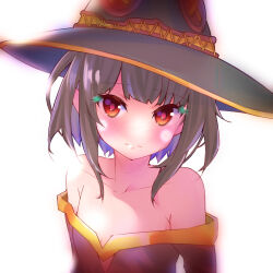 Rule 34 | 1girl, armpit crease, bare shoulders, blunt bangs, blush, breasts, brown hair, cleavage, closed mouth, collarbone, hat, highres, kono subarashii sekai ni shukufuku wo!, long sleeves, looking at viewer, megumin, myuc-ed8s, red eyes, short hair, short hair with long locks, sidelocks, simple background, small breasts, solo, witch, witch hat