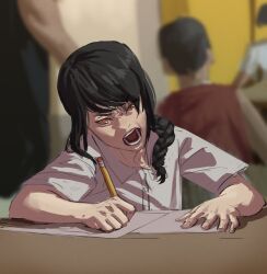 Rule 34 | 1girl, absurdres, aged down, angusbeef30, black hair, braid, braided ponytail, chainsaw man, classroom, commentary, english commentary, hair over shoulder, highres, holding, holding pencil, indoors, looking down, meme, nayuta (chainsaw man), open mouth, paper, pencil, photo-referenced, ringed eyes, shirt, short sleeves, sitting, sketch, solo focus, teeth, v-shaped eyebrows, white shirt, yellow eyes