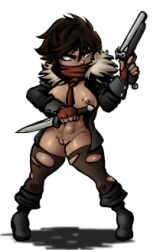 Rule 34 | 1girl, abs, animated, animated gif, black hair, blue eyes, boots, breasts, buttons, cleft of venus, covered mouth, dagger, darkest dungeon, fighting stance, fingerless gloves, full body, functionally nude, fur-trimmed jacket, fur trim, genderswap, gloves, gun, high heel boots, high heels, highwayman (darkest dungeon), holding, holding dagger, holding gun, holding knife, holding weapon, jacket, knife, lowres, medium breasts, navel, nipples, no bra, no panties, nude, nude mod, open clothes, open jacket, pussy, scarf, shadow, short hair, solo, standing, thief, thighhighs, torn clothes, torn thighhighs, transparent background, uncensored, video game, weapon, xelsword