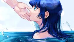 Rule 34 | 1girl, 1other, blue eyes, blue hair, clam and mirage, commentary request, ear piercing, earrings, from side, highres, jewelry, natchan blue (nanairopenki), partially submerged, piercing, profile, ripples, solo focus, water, wavy eyes, wet