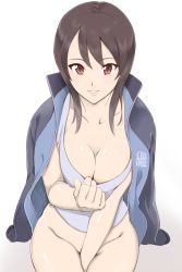 Rule 34 | black hair, bottomless, breasts, brown eyes, cleavage, clothes pull, egooo, girls und panzer, hair between eyes, jacket, mika (girls und panzer), no panties, solo