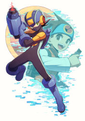 Rule 34 | 2boys, arm cannon, blue footwear, blue gloves, blue headband, blue headwear, bodysuit, boots, brown eyes, brown hair, commentary request, covered mouth, cropped torso, full body, gloves, green eyes, happy, headband, helmet, highres, holding, kuroi susumu, lan hikari (mega man), long sleeves, looking at viewer, male focus, mask, mega man (series), mega man battle network, mega man battle network (series), megaman.exe, mouth mask, multiple boys, open mouth, orange vest, shirt, short hair, single glove, smile, spiked hair, teeth, upper body, upper teeth only, vest, weapon, white shirt