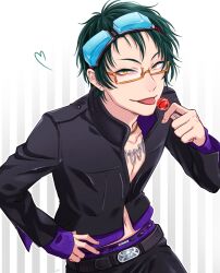 Rule 34 | 1boy, black hair, candy, food, glasses, gnosia, green hair, highres, jacket, jewelry, lollipop, long sleeves, looking at viewer, male focus, necklace, sha-ming, shirt, short hair, smile, solo, upper body, yuyht1758, zipper
