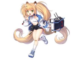 Rule 34 | 1girl, :d, absurdly long hair, animal, animal ear fluff, animal ears, armpit crease, azur lane, backpack, bag, bandaid, bandaid on knee, bandaid on leg, bare shoulders, black shorts, blonde hair, cat, crop top, fang, flat chest, green eyes, hair ornament, hand up, handbag, holding, jacket, lion ears, long hair, long sleeves, looking at viewer, makinami (azur lane), makinami (time for school!) (azur lane), midriff, navel, off shoulder, official alternate costume, official art, open clothes, open jacket, open mouth, philomelalilium, pouch, running, shirt, shoes, short shorts, shorts, sleeveless, sleeveless shirt, smile, sneakers, socks, solo, thighs, transparent background, turret, twintails, very long hair, white jacket, white shirt, white socks