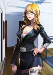 Rule 34 | 1girl, black jacket, black skirt, blonde hair, breasts, brown eyes, cleavage, clipboard, collarbone, cowboy shot, eyelashes, glasses, hand on own hip, holding, indoors, inner world, jacket, lace, lace-trimmed legwear, lace trim, large breasts, long hair, long sleeves, looking at viewer, lsr, miniskirt, name tag, original, parted lips, pink lips, semi-rimless eyewear, skirt, sleeves rolled up, solo, thighhighs, yellow eyes