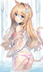 Rule 34 | 1girl, akabane (zebrasmise), animal ears, ass, bare shoulders, bikini, blonde hair, blue eyes, braid, cat ears, cat girl, cat tail, from behind, hair intakes, half updo, highres, long hair, looking at viewer, looking back, off shoulder, open clothes, open shirt, original, parted lips, pink bikini, ribbon, see-through, shirt, side-tie bikini bottom, solo, standing, string bikini, swimsuit, tail, tail ornament, tail raised, tail ribbon, wading, water, wavy hair, wet, wet clothes, wet shirt, white shirt