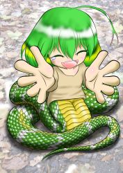 Rule 34 | 1girl, ^ ^, ahoge, blush, closed eyes, fang, green hair, happy, kyuunana, lamia, long hair, monster girl, open mouth, original, outstretched arms, snake tail, solo, sweater, tail, tears