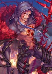 Rule 34 | 1boy, bad id, bad pixiv id, bare pectorals, black cape, black gloves, blue hair, cape, cu chulainn (fate), cu chulainn (fate) (all), cu chulainn (fate/stay night), cu chulainn alter (fate), cu chulainn alter (fate/grand order), cu chulainn alter (third ascension) (fate), dark blue hair, earrings, elbow gloves, facial mark, fate/grand order, fate (series), fur trim, gae bolg (fate), gloves, glowing, glowing eyes, highres, holding, holding polearm, holding spear, holding weapon, hood, hood up, jewelry, lancer, long hair, male focus, monster boy, pectorals, polearm, red eyes, sharp teeth, solo, spear, spiked tail, spikes, standing, tail, tattoo, teeth, usuke, weapon