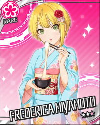 Rule 34 | 10s, 1girl, artist request, blonde hair, card (medium), character name, flower, flower (symbol), green eyes, hair flower, hair ornament, idolmaster, idolmaster cinderella girls, japanese clothes, jpeg artifacts, kimono, miyamoto frederica, official art, pink background, short hair, solo, sparkle