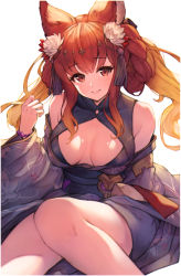 Rule 34 | 1girl, animal ears, anthuria, anthuria (yukata), bad id, bad pixiv id, bare shoulders, black kimono, blush, breasts, cleavage, cleavage cutout, clothing cutout, detached sleeves, erune, flower, granblue fantasy, hair between eyes, hair flower, hair ornament, highres, japanese clothes, kimono, koretsuki azuma, large breasts, long hair, looking at viewer, obi, parted lips, red eyes, red hair, sash, simple background, sitting, smile, solo, twintails, white background