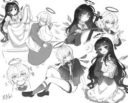 Rule 34 | 1boy, 1girl, :&lt;, aged down, arknights, blanket, blush, book, bow (music), capelet, cello, chinese commentary, closed eyes, closed mouth, collarbone, commentary request, cousins, cushion, detached wings, dress, eighth note, executor (arknights), fingersmile, greyscale, halo, holding, holding blanket, holding book, holding bow (music), holding cushion, hugging object, instrument, jacket, long hair, long sleeves, looking at another, monochrome, moo-fish, multiple views, music, musical note, neck ribbon, open book, playing instrument, puff of air, reading, ribbon, shirt, short hair, shorts, spoken musical note, v-shaped eyebrows, virtuosa (arknights), wings