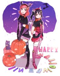 Rule 34 | 10s, 14 (vision5032), 2girls, :3, animal ears, animal hands, bad id, bad pixiv id, bat wings, bell, black cat, black hair, cat, cat ears, cat tail, collar, elbow gloves, fang, gloves, hair ornament, hair ribbon, hairband, halloween, hands on own hips, highres, jack-o&#039;-lantern, looking at viewer, love live!, love live! school idol festival, love live! school idol project, multiple girls, neck bell, nishikino maki, open mouth, paw gloves, purple eyes, red eyes, red hair, ribbon, star (symbol), star hair ornament, tail, thighhighs, twintails, winged hairband, wings, yazawa nico