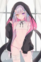 Rule 34 | 1girl, bandaged arm, bandaged leg, bandages, bandaid, bandaid on hand, bandaid on shoulder, bandaid on thigh, black jacket, cowboy shot, crop top, flat chest, grey hair, heartsix, heterochromia, highres, hood, hood up, hooded jacket, horns, indoors, jacket, long hair, long sleeves, looking at viewer, multicolored hair, navel, open clothes, open jacket, original, panties, parted lips, pink hair, purple eyes, revision, single horn, sleeves past wrists, solo, standing, stomach, streaked hair, tail, twintails, underwear, very long hair, white panties, yellow eyes