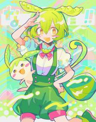 Rule 34 | 1girl, 1other, animal ears, arm up, blush, buttons, creature and personification, dual persona, frilled sleeves, frills, green footwear, green shorts, grey hair, hair between eyes, hand on own hip, highres, himanemuitoma, light smile, long hair, looking at viewer, low ponytail, open mouth, personification, ponytail, puffy short sleeves, puffy shorts, puffy sleeves, shirt, short hair, short sleeves, shorts, solo focus, suspender shorts, suspenders, turtleneck, utau, voiceroid, voicevox, white shirt, yellow eyes, zundamon